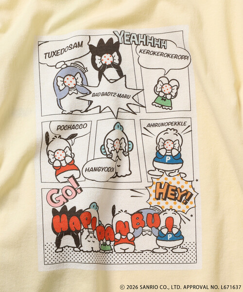 sanrio（サンリオ）の「SANRIO/サンリオ ”HAPIDANBUI” 目隠しコミック柄 プリントTシャツ/ハピダンブイ（Tシャツ/カットソー・レディース・レモンイエロー/チャコール/オフホワイト・ﾌﾘ-）」の9枚目の写真