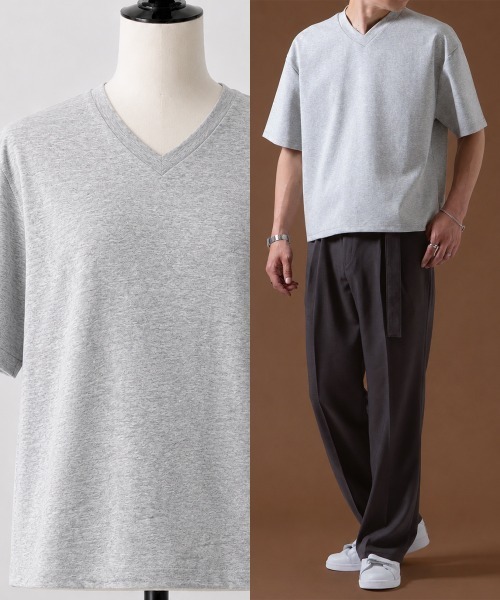 OXA(オグザ)の「ショート丈 無地 半袖VネックTシャツ OXA(Tシャツ/カットソー・メンズ・グレー/ブラック/ホワイト・FREE)」の3枚目の写真