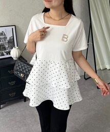 ドットWフリルスクエアネックペプラムTシャツ