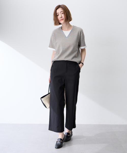 Petit Honfleur（プチオンフルール）の「レイヤード風ボーダーVネックTシャツ（Tシャツ/カットソー・レディース・グレー/ブラウン・M/L）」の8枚目の写真