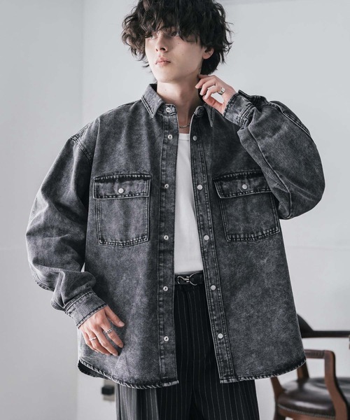 Rocky Monroe(ロッキーモンロー)の「ヴィンテージライク オーバーサイズデニムワークシャツジャケット(デニムジャケット・メンズ・ブラック/ブラウン/インディゴブルー/ライトブラック/ワンウォッシュ/ケミカルウォッシュ・M/L/XL)」の1枚目の写真