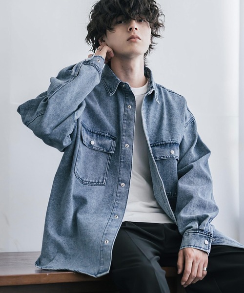 Rocky Monroe(ロッキーモンロー)の「ヴィンテージライク オーバーサイズデニムワークシャツジャケット(デニムジャケット・メンズ・ブラック/ブラウン/インディゴブルー/ライトブラック/ワンウォッシュ/ケミカルウォッシュ・M/L/XL)」の6枚目の写真