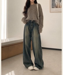 ヴィンテージ風 ウォッシュドワイドデニムパンツ