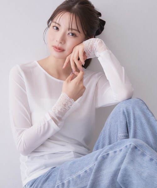 index（インデックス）の「袖レースシアートップス【洗濯機OK】（Tシャツ/カットソー・レディース・ブラック/オフホワイト/ナチュラル・40/38）」の4枚目の写真