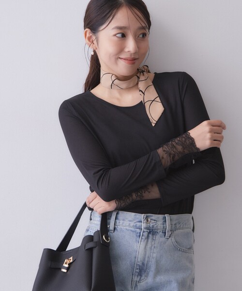 index（インデックス）の「袖レースシアートップス【洗濯機OK】（Tシャツ/カットソー・レディース・ブラック/オフホワイト/ナチュラル・40/38）」の8枚目の写真
