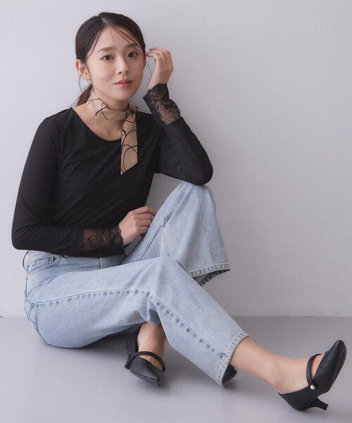index（インデックス）の「袖レースシアートップス【洗濯機OK】（Tシャツ/カットソー・レディース・ブラック/オフホワイト/ナチュラル・40/38）」の9枚目の写真