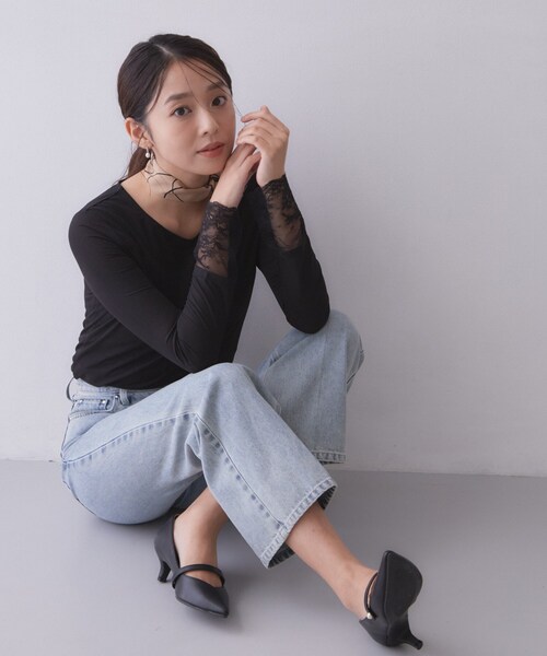 index（インデックス）の「袖レースシアートップス【洗濯機OK】（Tシャツ/カットソー・レディース・ブラック/オフホワイト/ナチュラル・40/38）」の10枚目の写真