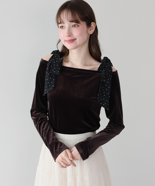 BLUEEAST(ブルーイースト)の「ショルダードットリボンベロアトップス(Tシャツ/カットソー・レディース・アイボリー/ブラウン/ブラック・MEDIUM)」の7枚目の写真