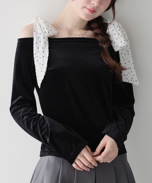 BLUEEAST(ブルーイースト)の「ショルダードットリボンベロアトップス(Tシャツ/カットソー・レディース・アイボリー/ブラウン/ブラック・MEDIUM)」の9枚目の写真