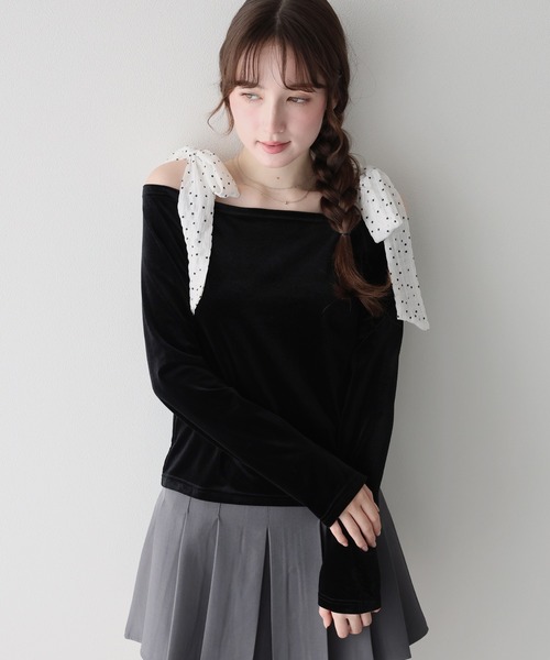 BLUEEAST(ブルーイースト)の「ショルダードットリボンベロアトップス(Tシャツ/カットソー・レディース・アイボリー/ブラウン/ブラック・MEDIUM)」の10枚目の写真