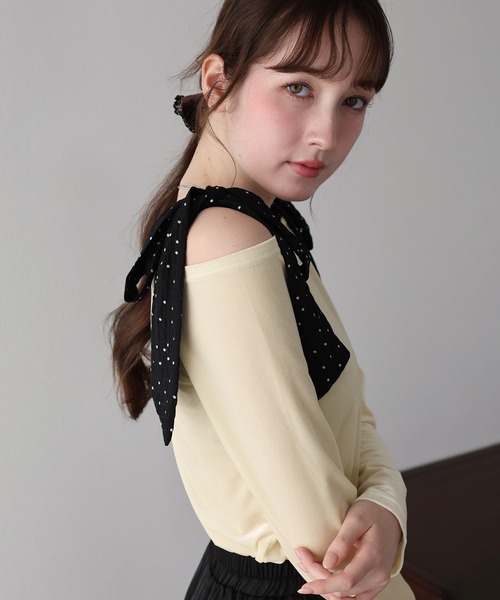 BLUEEAST(ブルーイースト)の「ショルダードットリボンベロアトップス(Tシャツ/カットソー・レディース・アイボリー/ブラウン/ブラック・MEDIUM)」の14枚目の写真
