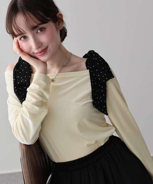 BLUEEAST(ブルーイースト)の「ショルダードットリボンベロアトップス(Tシャツ/カットソー・レディース・アイボリー/ブラウン/ブラック・MEDIUM)」の12枚目の写真
