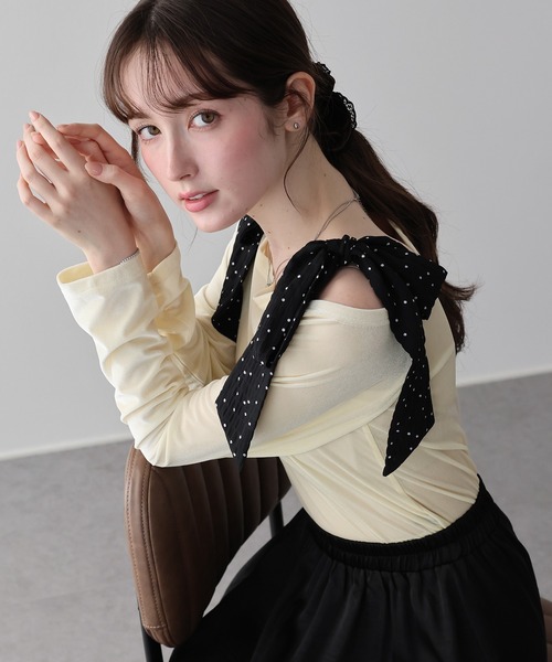 BLUEEAST(ブルーイースト)の「ショルダードットリボンベロアトップス(Tシャツ/カットソー・レディース・アイボリー/ブラウン/ブラック・MEDIUM)」の13枚目の写真