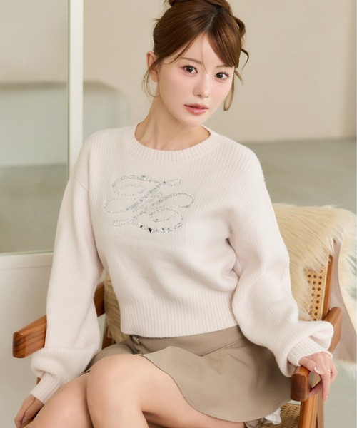 one after another NICE CLAUP(ワンアフターアナザーナイスクラップ)の「ビジューロゴリブニット(ニット/セーター・レディース・ブラック/サックスブルー/ピンク/ミント/アイボリー・FREE)」の5枚目の写真