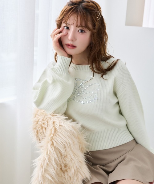 one after another NICE CLAUP(ワンアフターアナザーナイスクラップ)の「ビジューロゴリブニット(ニット/セーター・レディース・ブラック/サックスブルー/ピンク/ミント/アイボリー・FREE)」の3枚目の写真