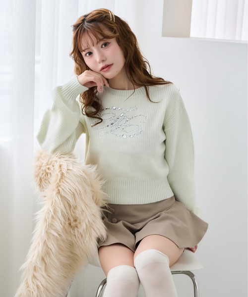 one after another NICE CLAUP(ワンアフターアナザーナイスクラップ)の「ビジューロゴリブニット(ニット/セーター・レディース・ブラック/サックスブルー/ピンク/ミント/アイボリー・FREE)」の22枚目の写真