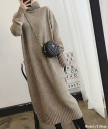 SEU（エスイーユー）の「【小柄さんにおすすめ】長袖 ハイネック ロング ニットワンピース ミモレ丈 ゆったり 体型カバー 【オフィスカジュアル】【きれいめカジュアル】 レディース韓国風 春服 秋服 冬服（ワンピース）」