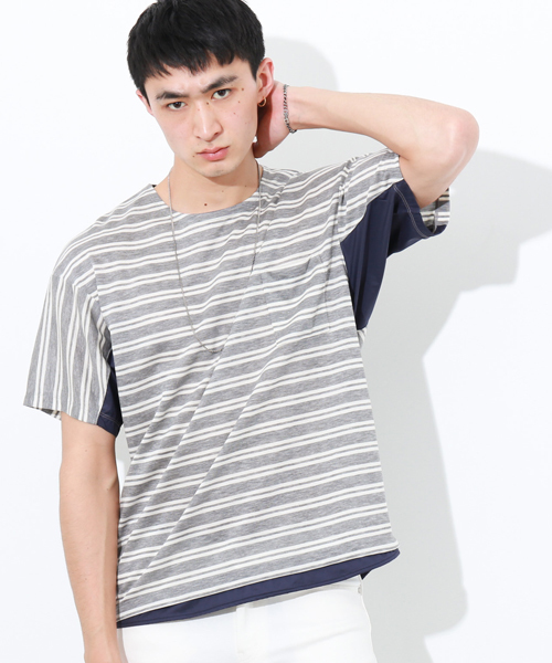 STUDIOUS(ステュディオス)の「タフタコンビテンセルボーダーTシャツ(Tシャツ/カットソー・メンズ・カーキ/グレー・2/1/3)」の1枚目の写真