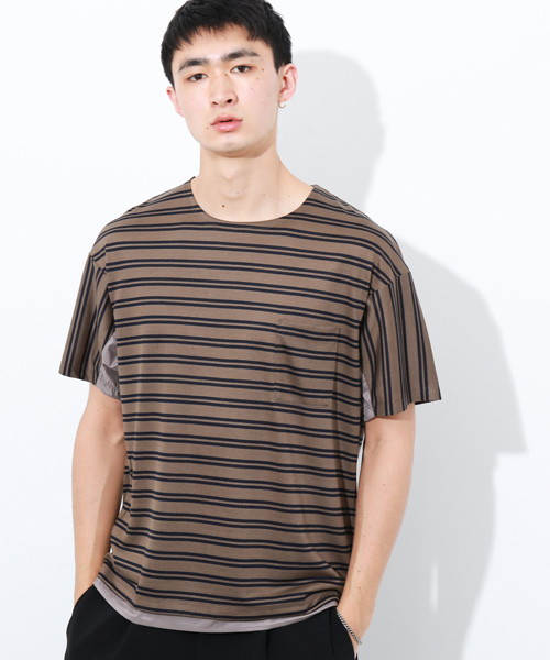 STUDIOUS(ステュディオス)の「タフタコンビテンセルボーダーTシャツ(Tシャツ/カットソー・メンズ・カーキ/グレー・2/1/3)」の2枚目の写真