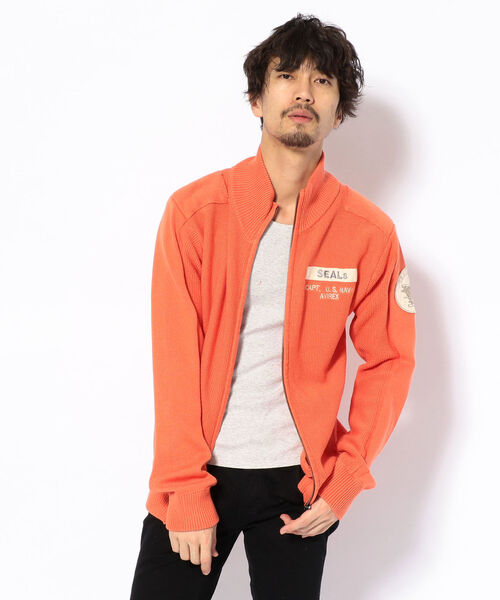 AVIREX(アヴィレックス)の「スタンドカラー ジップアップニット /STAND COLLAR ZIP UO KNIT/AVIREX/アヴィレックス(ニット/セーター)」|オレンジ