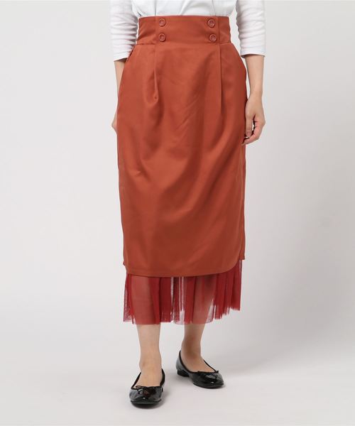 STYLEBLOCK(スタイルブロック)の「シルケットツイル×チュールロングタイトスカート(スカート・レディース・ブラック/カーキ/ライトベージュ/テラコッタ・M)」の1枚目の写真