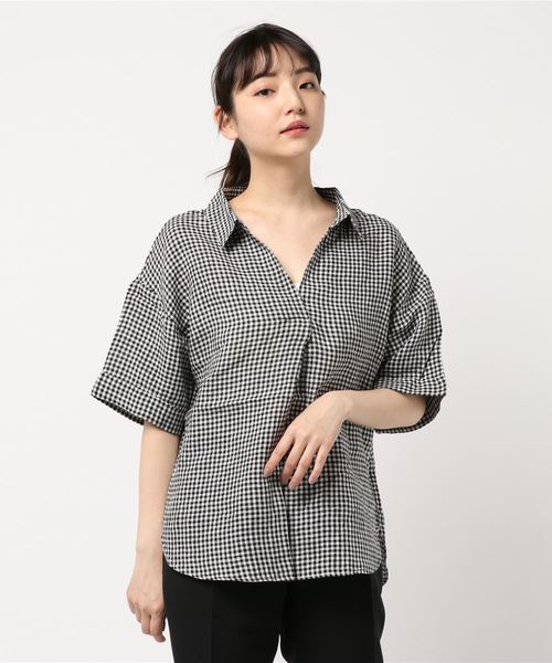 AMERICAN HOLIC(アメリカンホリック)の「ピュアリネンスキッパー5分袖シャツ(シャツ/ブラウス・レディース・サックスブルー/ネイビー/オフホワイト/キャメル/ストライプ/その他5・M/L)」の5枚目の写真