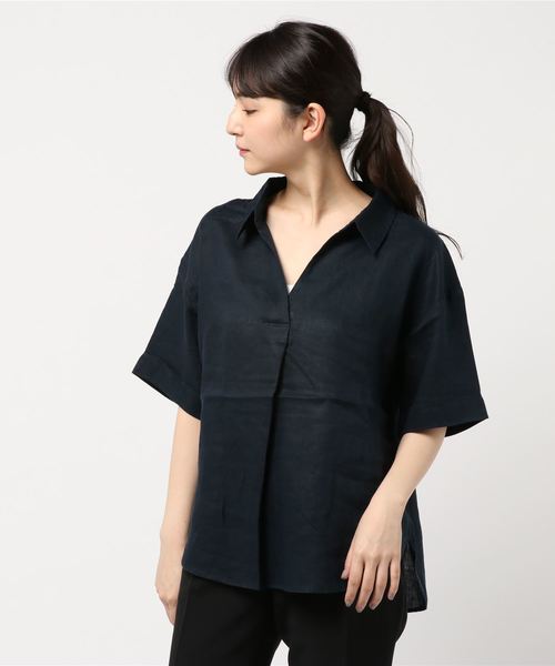 AMERICAN HOLIC(アメリカンホリック)の「ピュアリネンスキッパー5分袖シャツ(シャツ/ブラウス・レディース・サックスブルー/ネイビー/オフホワイト/キャメル/ストライプ/その他5・M/L)」の2枚目の写真