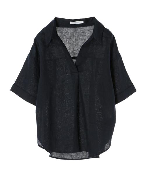 AMERICAN HOLIC(アメリカンホリック)の「ピュアリネンスキッパー5分袖シャツ(シャツ/ブラウス・レディース・サックスブルー/ネイビー/オフホワイト/キャメル/ストライプ/その他5・M/L)」の10枚目の写真