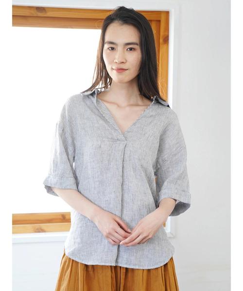 AMERICAN HOLIC(アメリカンホリック)の「ピュアリネンスキッパー5分袖シャツ(シャツ/ブラウス・レディース・サックスブルー/ネイビー/オフホワイト/キャメル/ストライプ/その他5・M/L)」の20枚目の写真