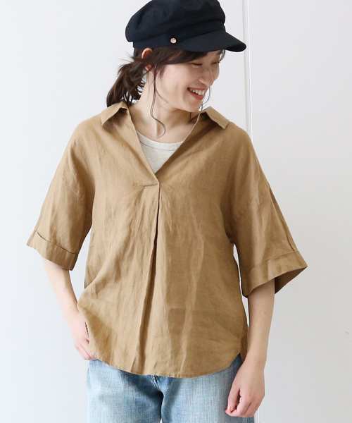 AMERICAN HOLIC(アメリカンホリック)の「ピュアリネンスキッパー5分袖シャツ(シャツ/ブラウス・レディース・サックスブルー/ネイビー/オフホワイト/キャメル/ストライプ/その他5・M/L)」の4枚目の写真