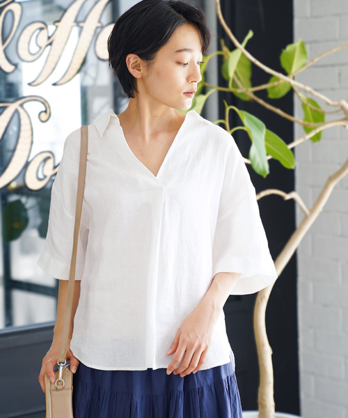 AMERICAN HOLIC(アメリカンホリック)の「ピュアリネンスキッパー5分袖シャツ(シャツ/ブラウス・レディース・サックスブルー/ネイビー/オフホワイト/キャメル/ストライプ/その他5・M/L)」の1枚目の写真