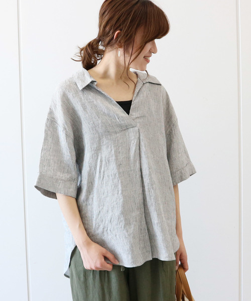 AMERICAN HOLIC(アメリカンホリック)の「ピュアリネンスキッパー5分袖シャツ(シャツ/ブラウス・レディース・サックスブルー/ネイビー/オフホワイト/キャメル/ストライプ/その他5・M/L)」の6枚目の写真