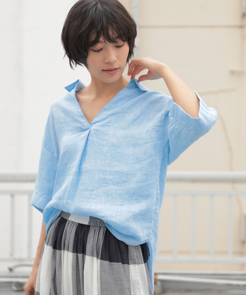 AMERICAN HOLIC(アメリカンホリック)の「ピュアリネンスキッパー5分袖シャツ(シャツ/ブラウス・レディース・サックスブルー/ネイビー/オフホワイト/キャメル/ストライプ/その他5・M/L)」の3枚目の写真