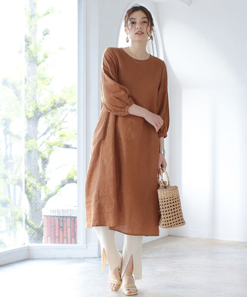 美品 フォグリネンワーク リネンワンピース ベージュ ブラウンワンピース 麻 B:MING by BEAMS（ビーミングバイビームス）の「fog linen work