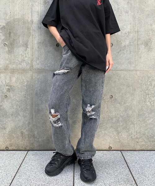 RASVOA（ラスボア）の「ケミカルダメージストレートパンツ（デニムパンツ・レディース・ブラック/パープル・S/M）」の14枚目の写真