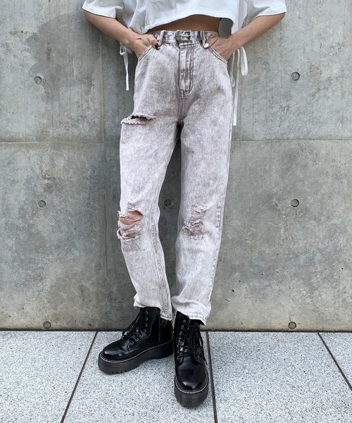 RASVOA（ラスボア）の「ケミカルダメージストレートパンツ（デニムパンツ・レディース・ブラック/パープル・S/M）」の4枚目の写真