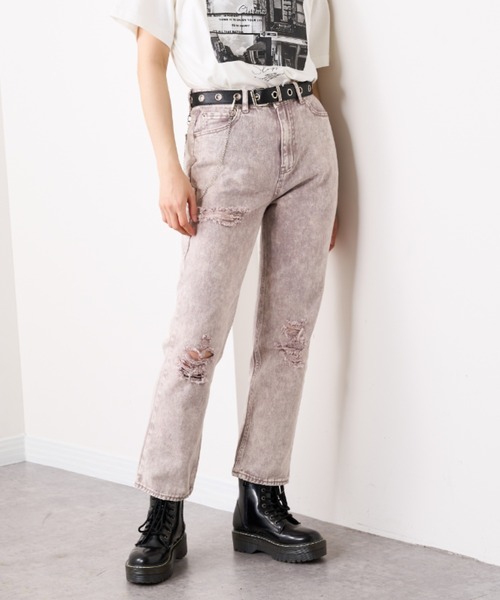 RASVOA（ラスボア）の「ケミカルダメージストレートパンツ（デニムパンツ・レディース・ブラック/パープル・S/M）」の6枚目の写真