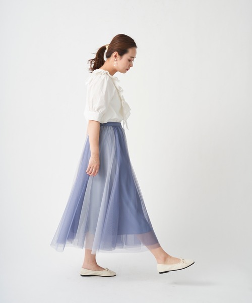 Chez toi(シェトワ)の「配色チュールスカート(スカート・レディース・ブルー/カーキ/ベージュ/チャコールグレー・FREE)」の7枚目の写真
