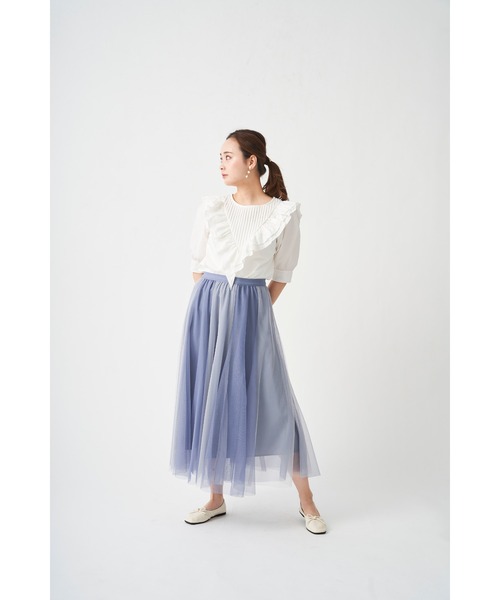 Chez toi(シェトワ)の「配色チュールスカート(スカート・レディース・ブルー/カーキ/ベージュ/チャコールグレー・FREE)」の5枚目の写真