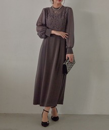 ボトルネック レース×サテンドレス