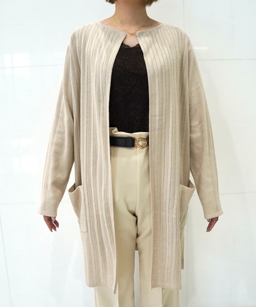 CECIL McBEE（セシルマクビー）の「ミラノリブアイレットストライプカーディガン（カーディガン/ボレロ・レディース・ブラック/ベージュ/グレー・MEDIUM）」の6枚目の写真