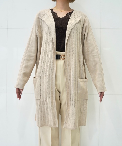 CECIL McBEE（セシルマクビー）の「ミラノリブアイレットストライプカーディガン（カーディガン/ボレロ・レディース・ブラック/ベージュ/グレー・MEDIUM）」の7枚目の写真
