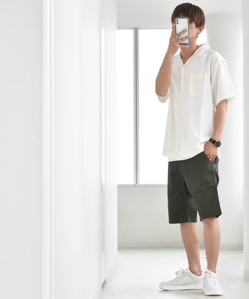 Anytime Songs(エニータイムソングス)の「ポリエステル 無地 オープンカラーシャツS/S(シャツ/ブラウス・メンズ・ホワイト/ブラック/サックスブルー/グリーン/モカ/グレイッシュベージュ・MEDIUM/LARGE/X-LARGE)」の8枚目の写真