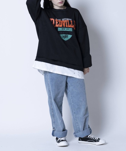 ARCADE(アーケード)の「ビッグシルエット プルオーバー カレッジロゴ 裾重ね着風 スウェット トレーナー -ARCADE Limited Line-(スウェット・レディース・グレー/ブラック/ブルー・FREE)」の9枚目の写真