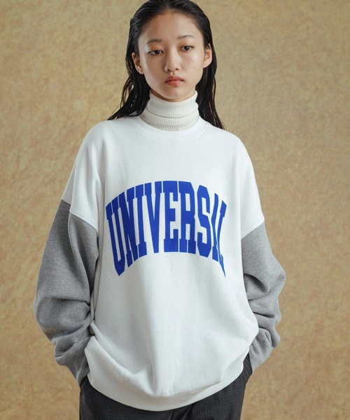 UNIVERSAL OVERALL(ユニバーサルオーバーオール)の「【WEB限定】別注 UNIVERSAL OVERALL カレッジ バイカラー スウェット/フロッキープリント/ユニセックス(スウェット・メンズ・ブラック/グレー/ホワイト/レッド・M/L)」の2枚目の写真