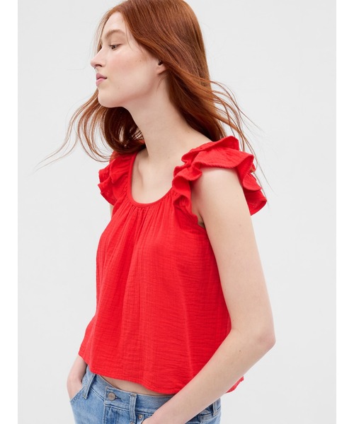 GAP(ギャップ)の「クリンクル ガーゼ ラッフルフリル タンクトップ(シャツ/ブラウス・レディース・ホワイト/グリーン/ブラック/レッド・S/L/M/XS/XXS)」の4枚目の写真