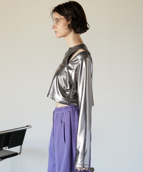 PRANK PROJECT（プランクプロジェクト）の「ホイルコーティングジャージショートトップ / Foil Coated Jersey Short Top（Tシャツ/カットソー・レディース・シルバー・FREE）」の4枚目の写真