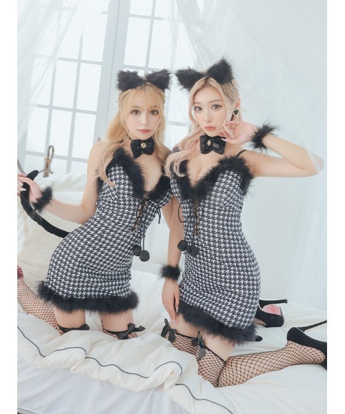 Tika(ティカ)の「コスプレ ネコ アニマル かわいい セクシー ふわふわ フェザー付き 千鳥格子 レースアップ ワンピース 5点セット 猫の日 コンカフェ(コスチューム/パーティーグッズ・レディース・ブラック・M)」の1枚目の写真