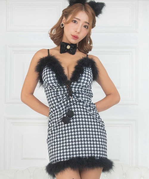 Tika(ティカ)の「コスプレ ネコ アニマル かわいい セクシー ふわふわ フェザー付き 千鳥格子 レースアップ ワンピース 5点セット 猫の日 コンカフェ(コスチューム/パーティーグッズ・レディース・ブラック・M)」の7枚目の写真