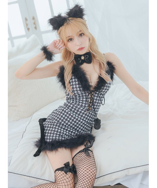 Tika(ティカ)の「コスプレ ネコ アニマル かわいい セクシー ふわふわ フェザー付き 千鳥格子 レースアップ ワンピース 5点セット 猫の日 コンカフェ(コスチューム/パーティーグッズ・レディース・ブラック・M)」の19枚目の写真